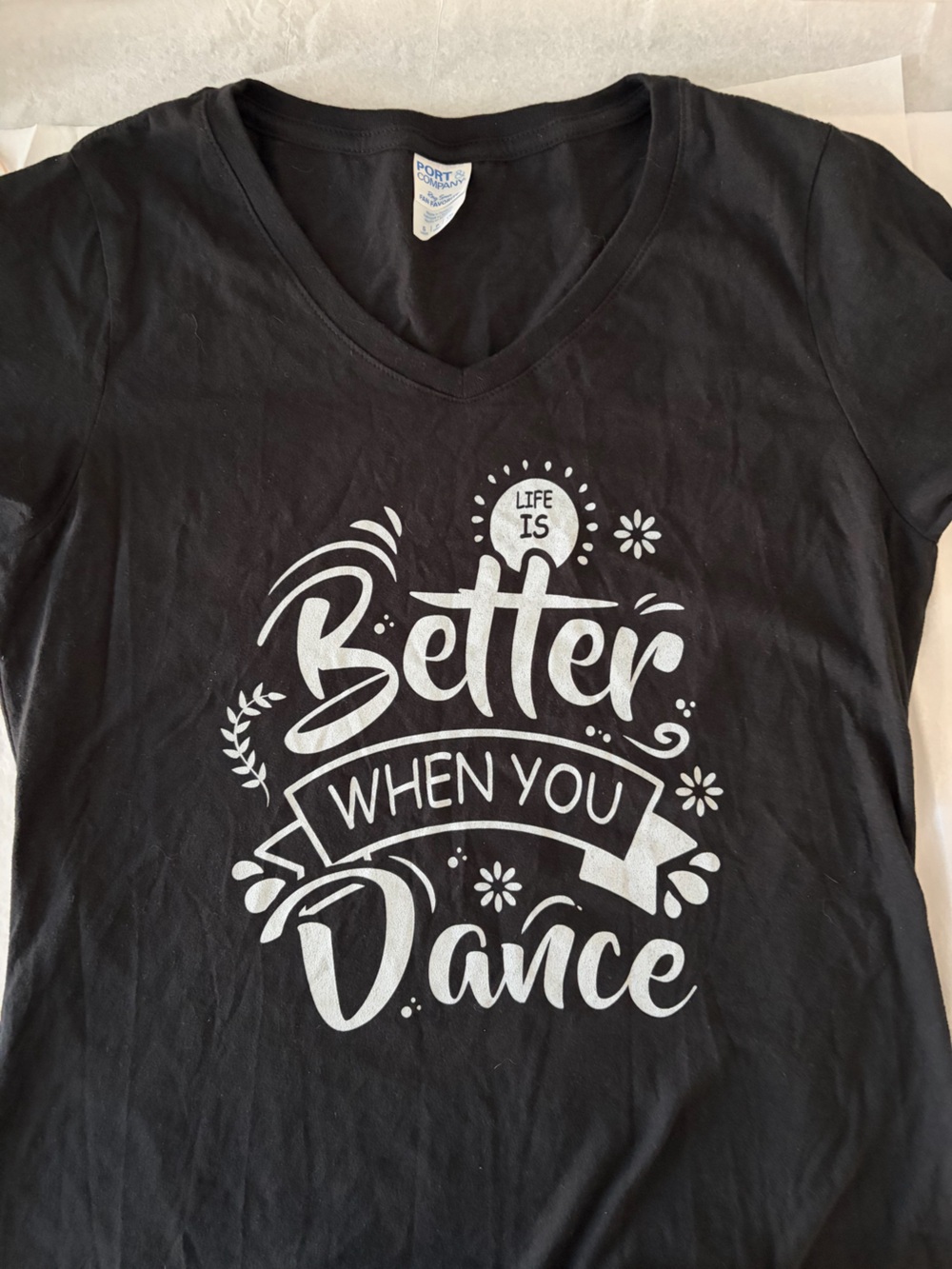 Port and Company Black V-Neck Tee with White 'Better When You Dance' Graphic